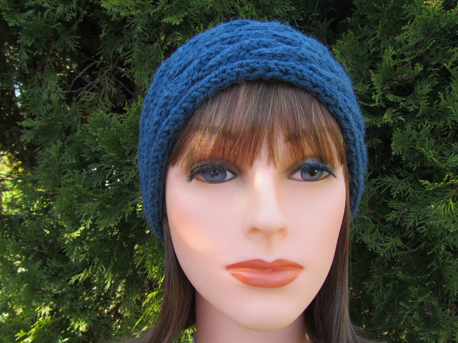 Denim Hand Knit Hat, Slouchy Hat in Denim, Knitted Navy Blue Hat, Winter Accessories