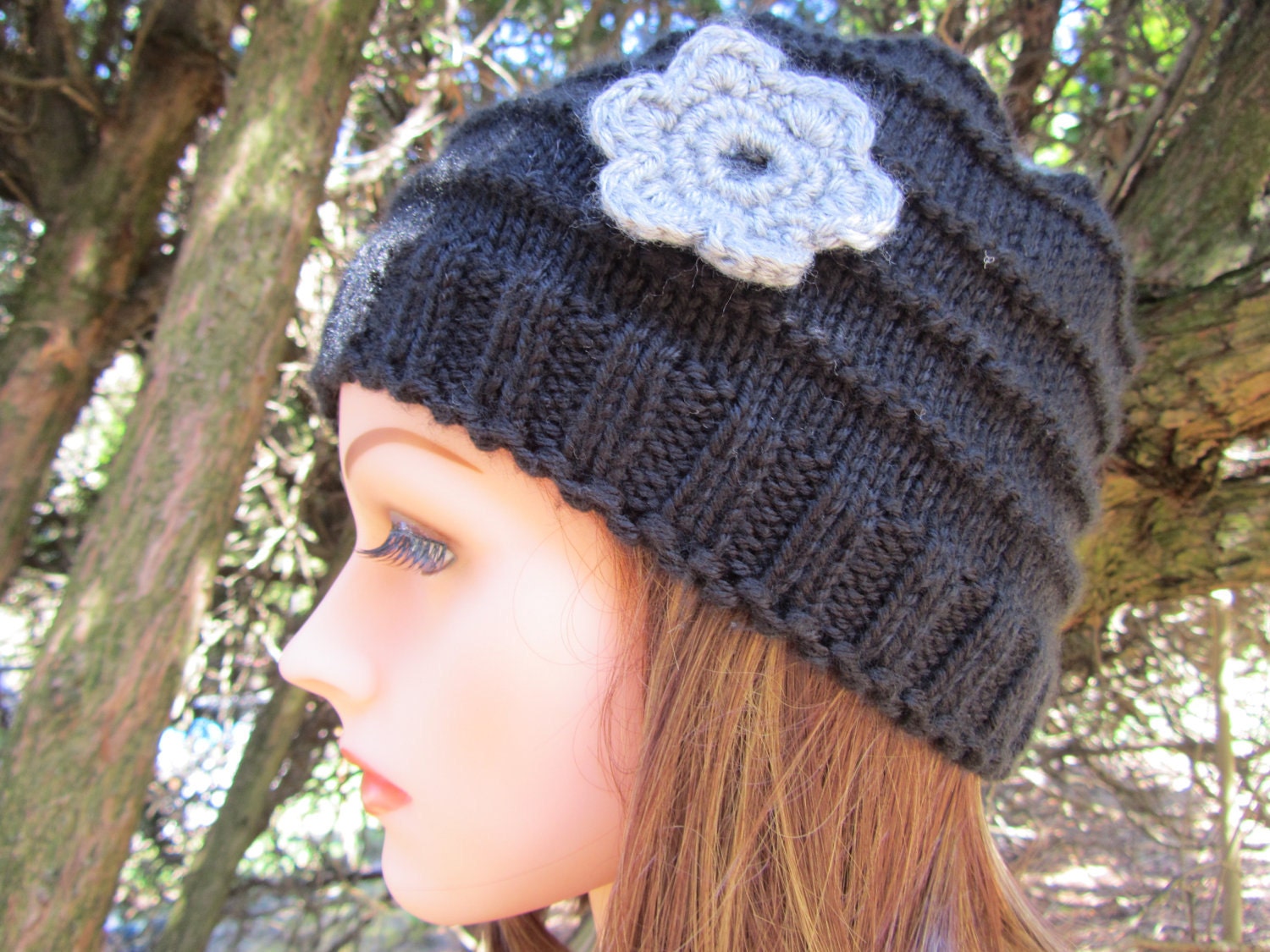 Hand Knit Black And Gray Hat With A FLower, Hand Knit Beanie Hat For Women And Girls