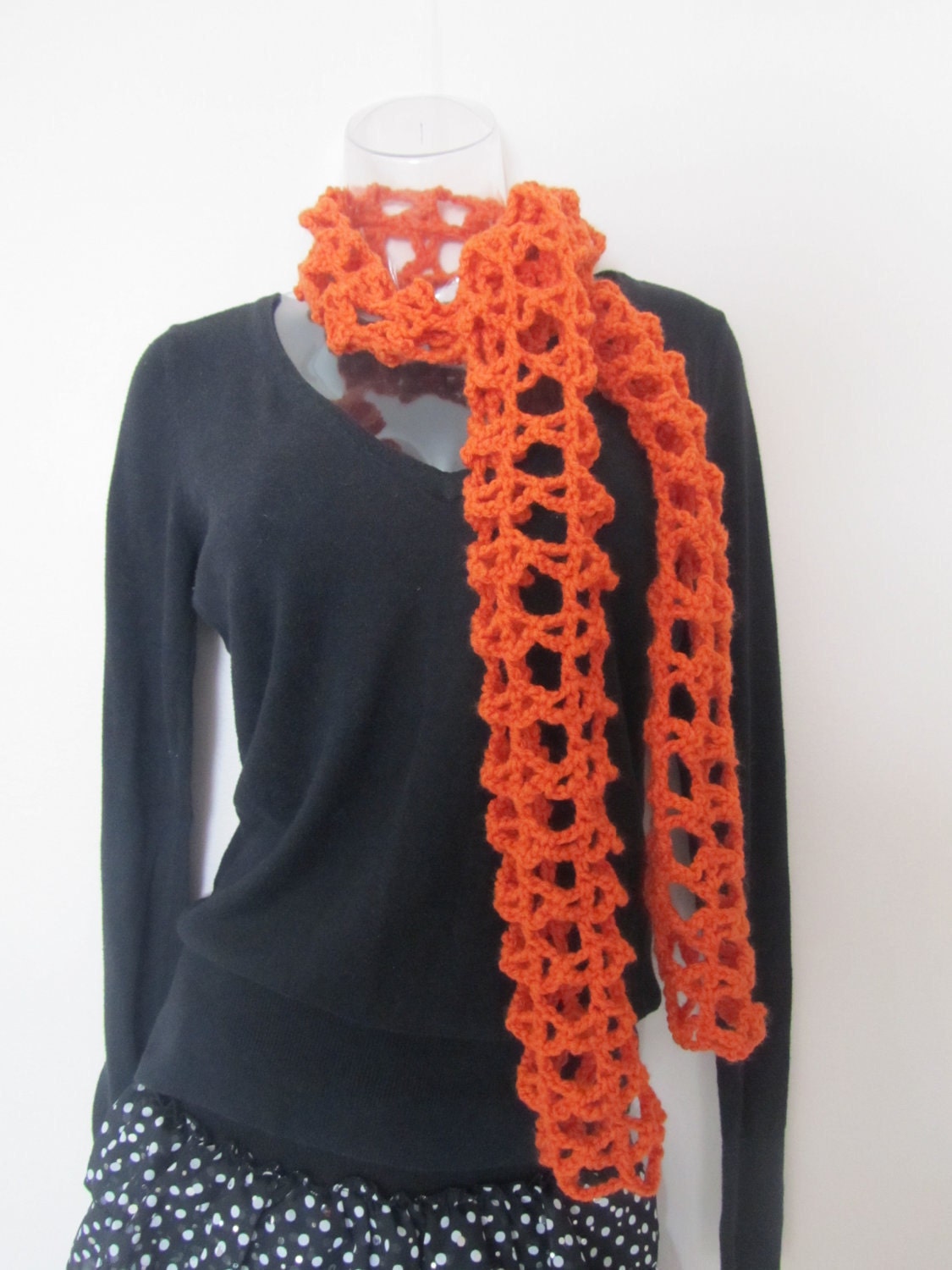 Spring, Fall Scarf - Orange Crochet Scarf, Orange Scarflette - Spring, Autumn Scarf
