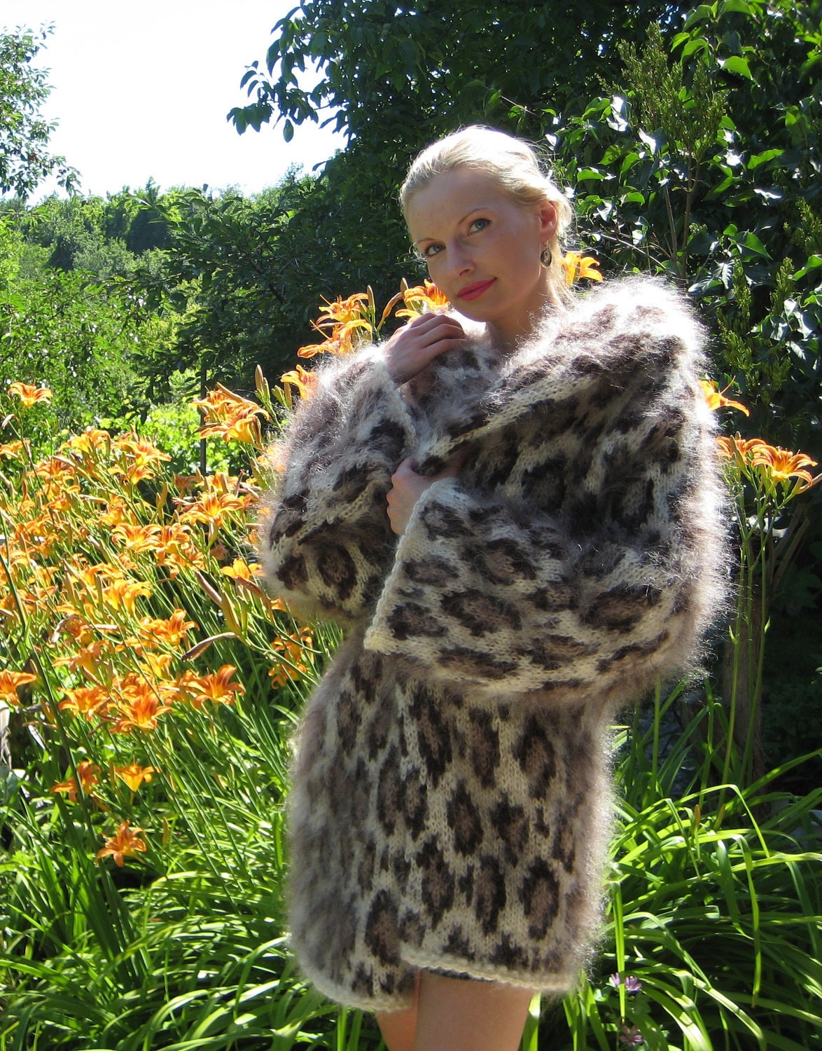 Very Thick Hand Knitted Mohair Sweater Coat Leopard Fuzzy Cardigan by SUPERTANYA