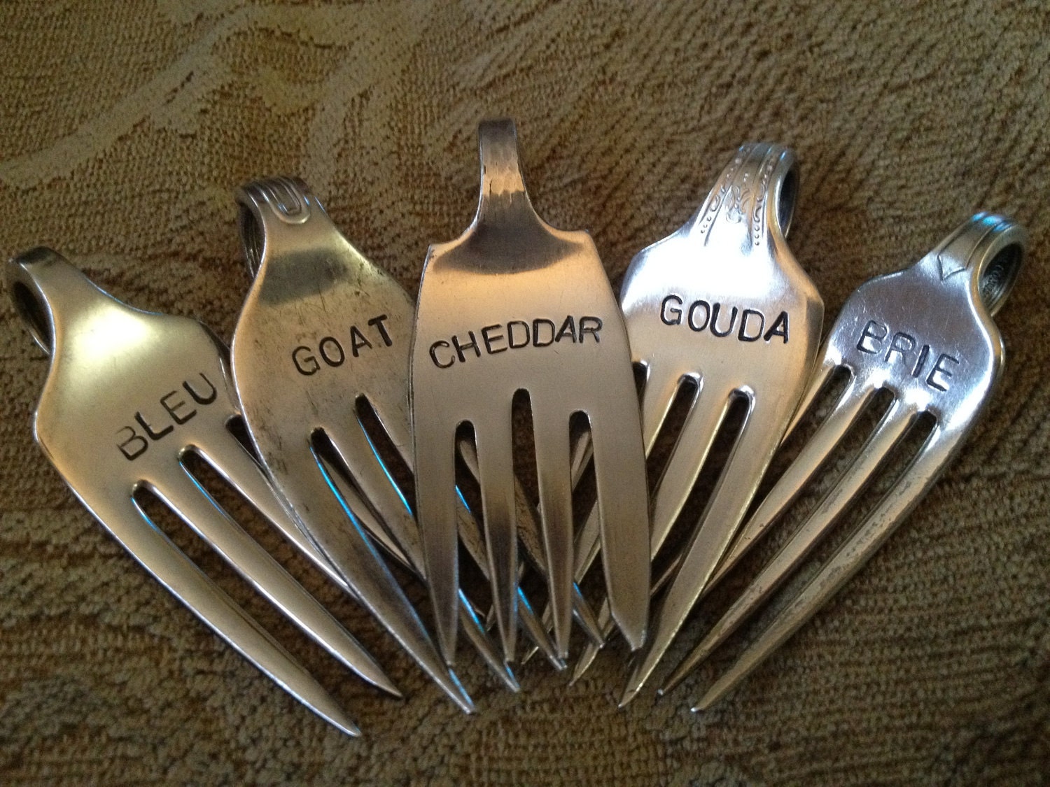 recycled silverware....Repurposed Vintage Silver-Plate Fork Cheese Markers set of 5