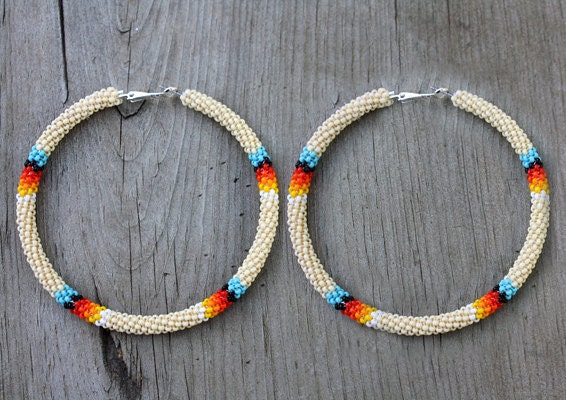 Tan Native American beaded hoop earrings