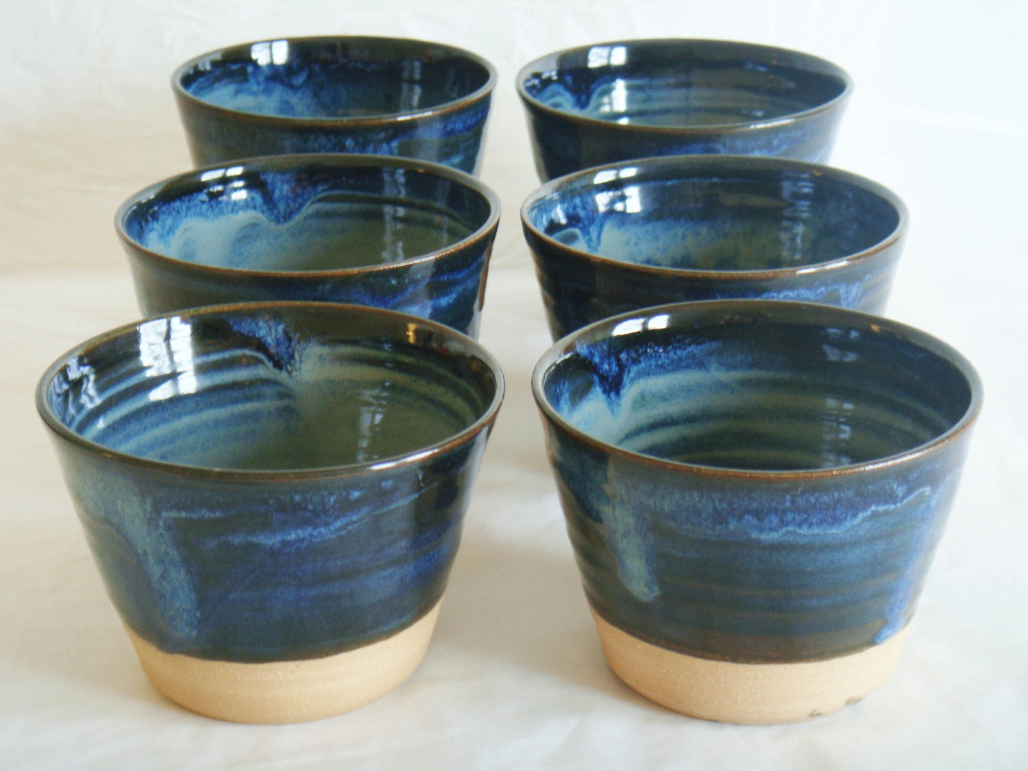 Blue ceramic cup set, six pottery cups, tumbler short, Forest series