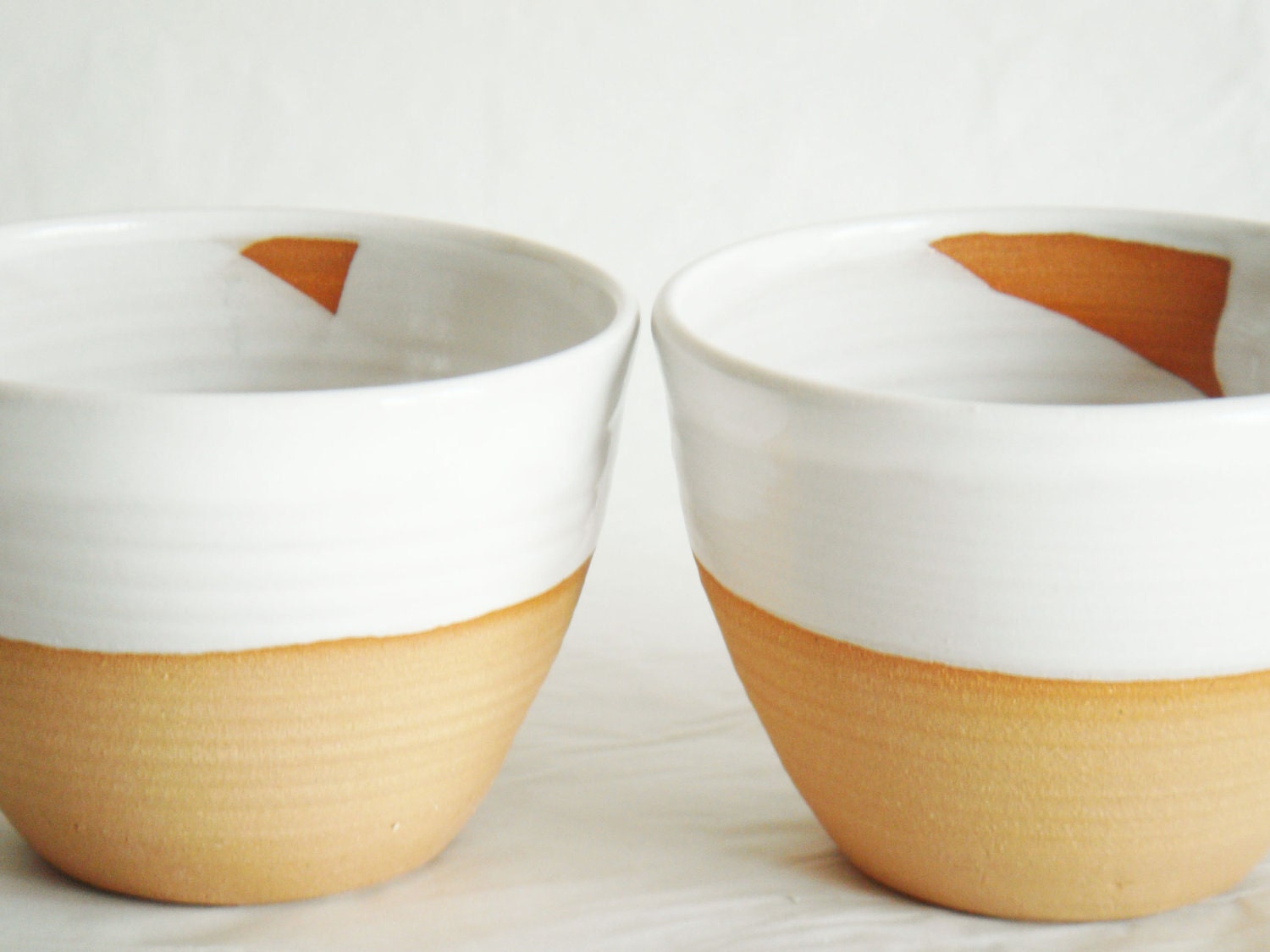 Modern white pottery cups, two ceramics tea bowls, Forest series