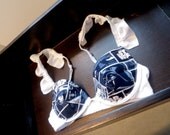 THE RUFFLE ALLIANCE: Bra with Star Wars Navy Block Pattern Fabric and White Ruffled Straps