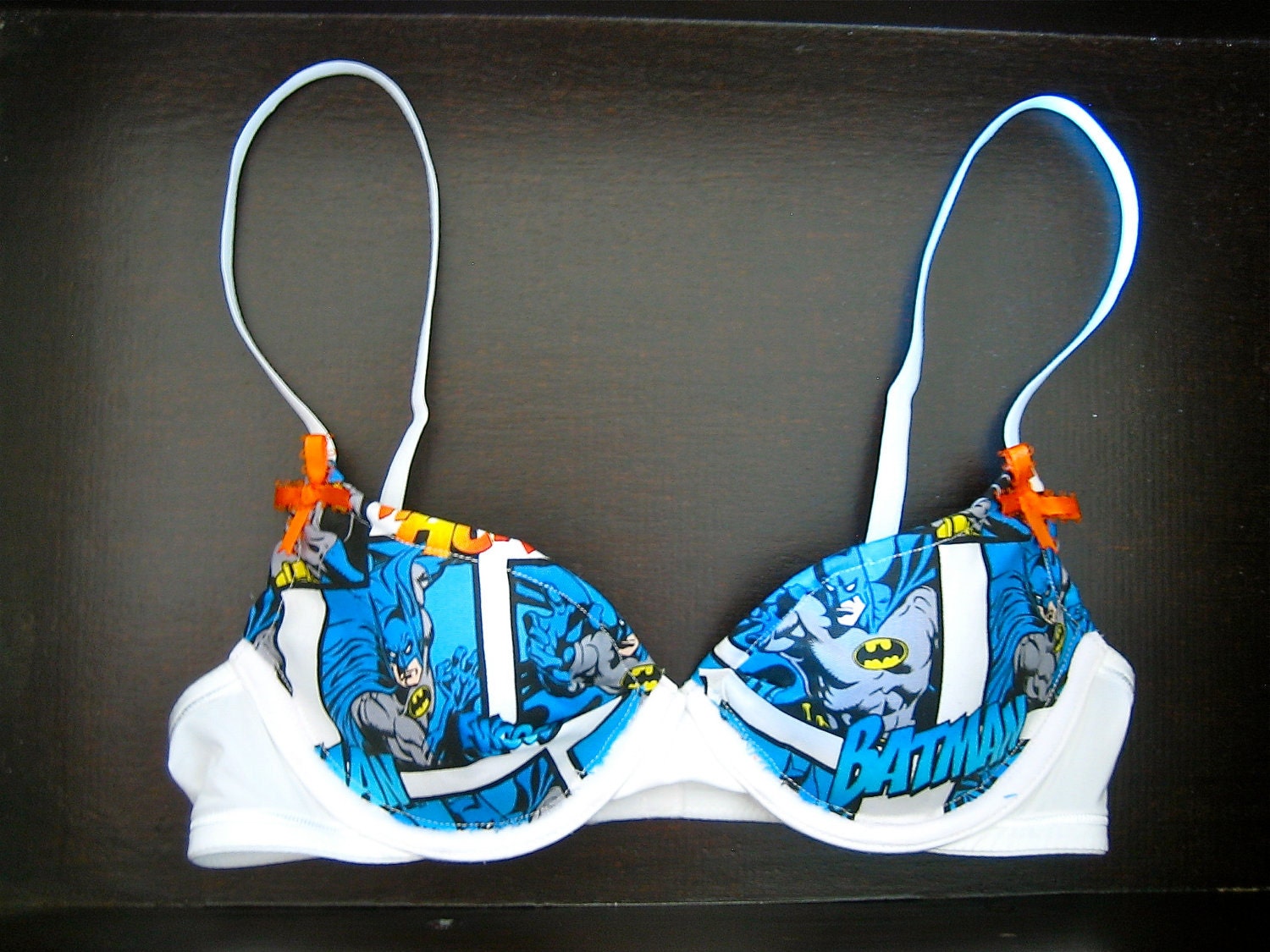HOLY BOWS, BATMAN Push-Up: White Bra with Batman Comics Fabric and Matching Orange Bows