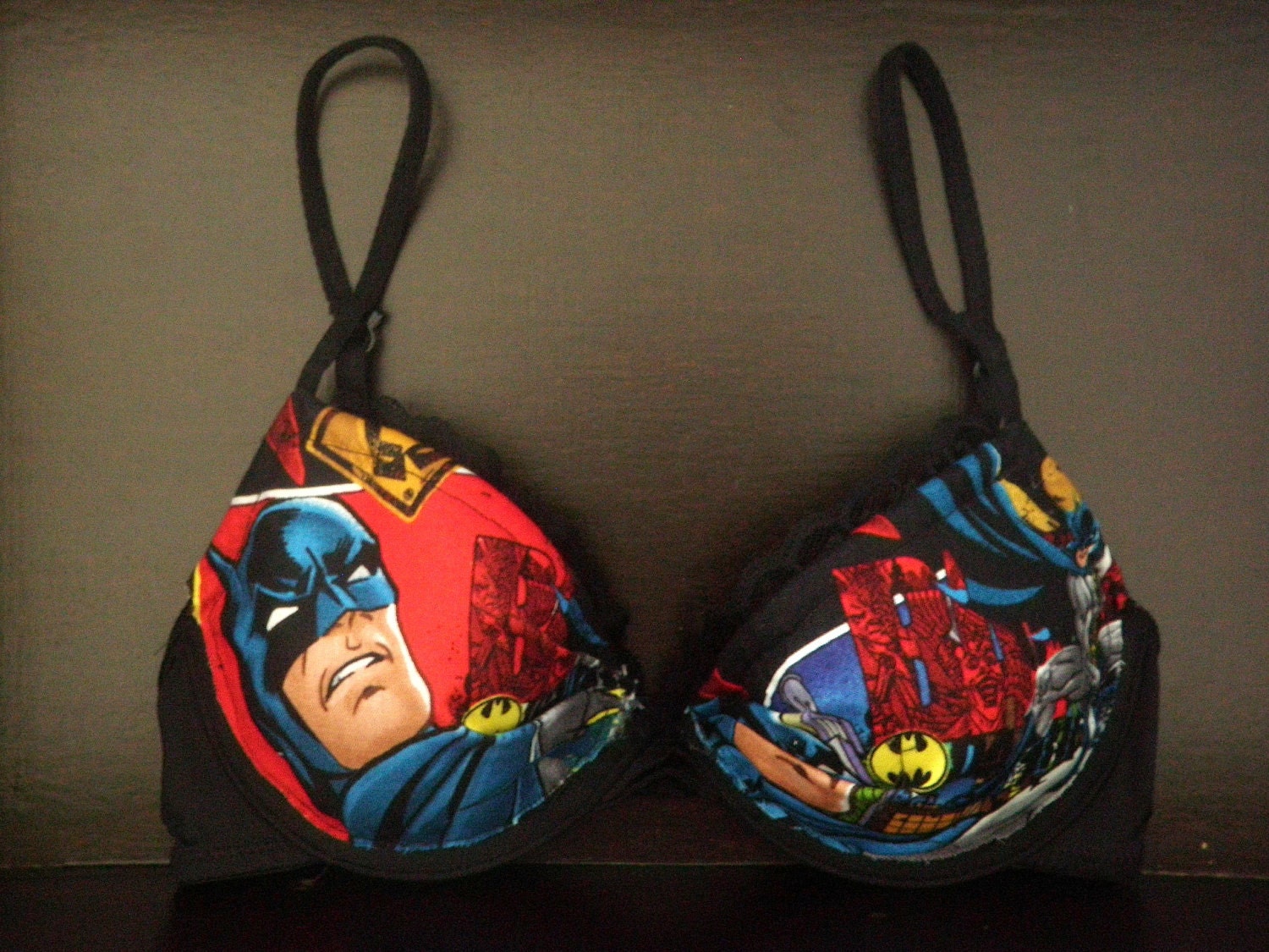 DARK (K)NIGHT: Black Bra with Batman Gotham Comics Fabric and Black Lace
