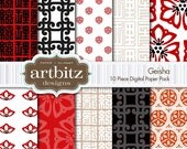 Geisha 10 Piece Oriental Themed Digital Scrapbooking Paper Pack, 12"x12", 300 dpi .jpg