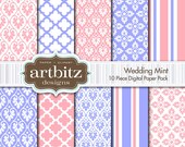 Wedding Mint Damask 10 Piece Digital Scrapbooking Paper Pack, 12"x12", 300 dpi .jpg