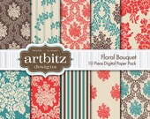 Floral Bouquet Damask 10 Piece Digital Scrapbooking Paper Pack, 12"x12", 300 dpi .jpg