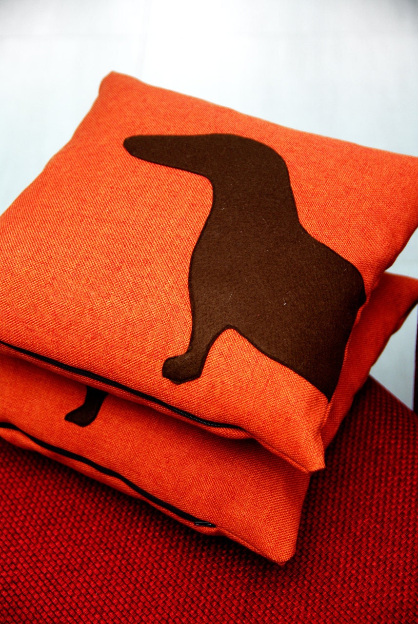 Dachshund (sausage dog) pillow covers - tangerine and dark brown - Made to Order