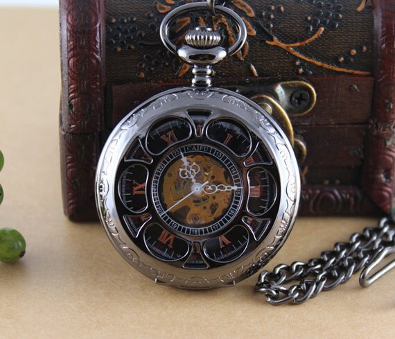 Black Steampunk Elegant Flower Case Mechanical Unisex Pocket Watch