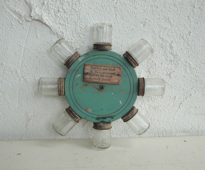 Vintage AQUA GLASS JAR - Spinning Holder - Tools - Nails - Craft Supplies Holder - Wood -