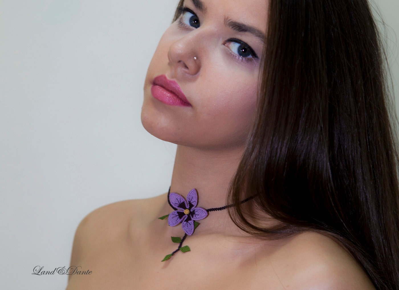 Lace jewelry, boho 3D lilium lace necklace purple green lavender collier french violet flower modern nature necklace TAGT