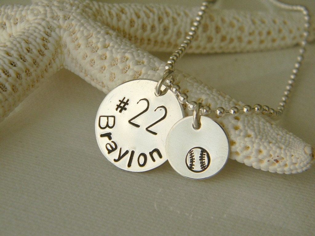 Solid Sterling Silver Custom Made Personalized Baseball, Softball Hand Stamped Name Necklace with Number (3/4th's and 1/2"), Baseball