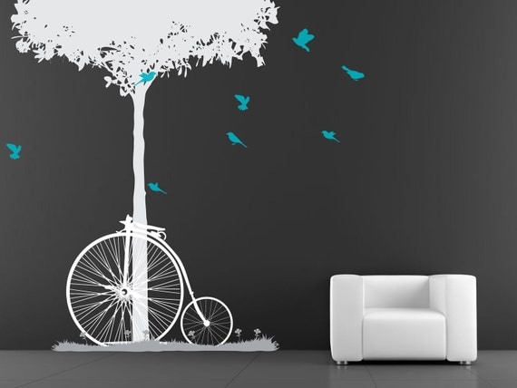 Tree, bycicle grass and birds Wall Decal. Wall Sticker