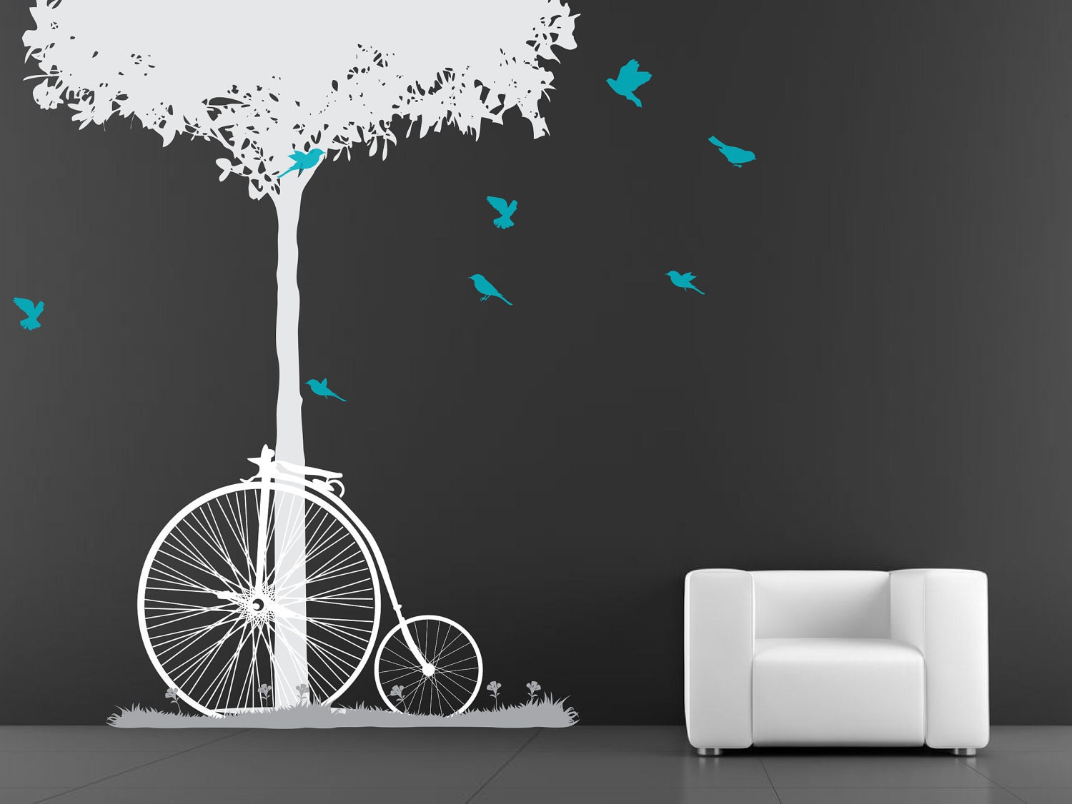 Tree, bycicle grass and birds Wall Decal. Wall Sticker