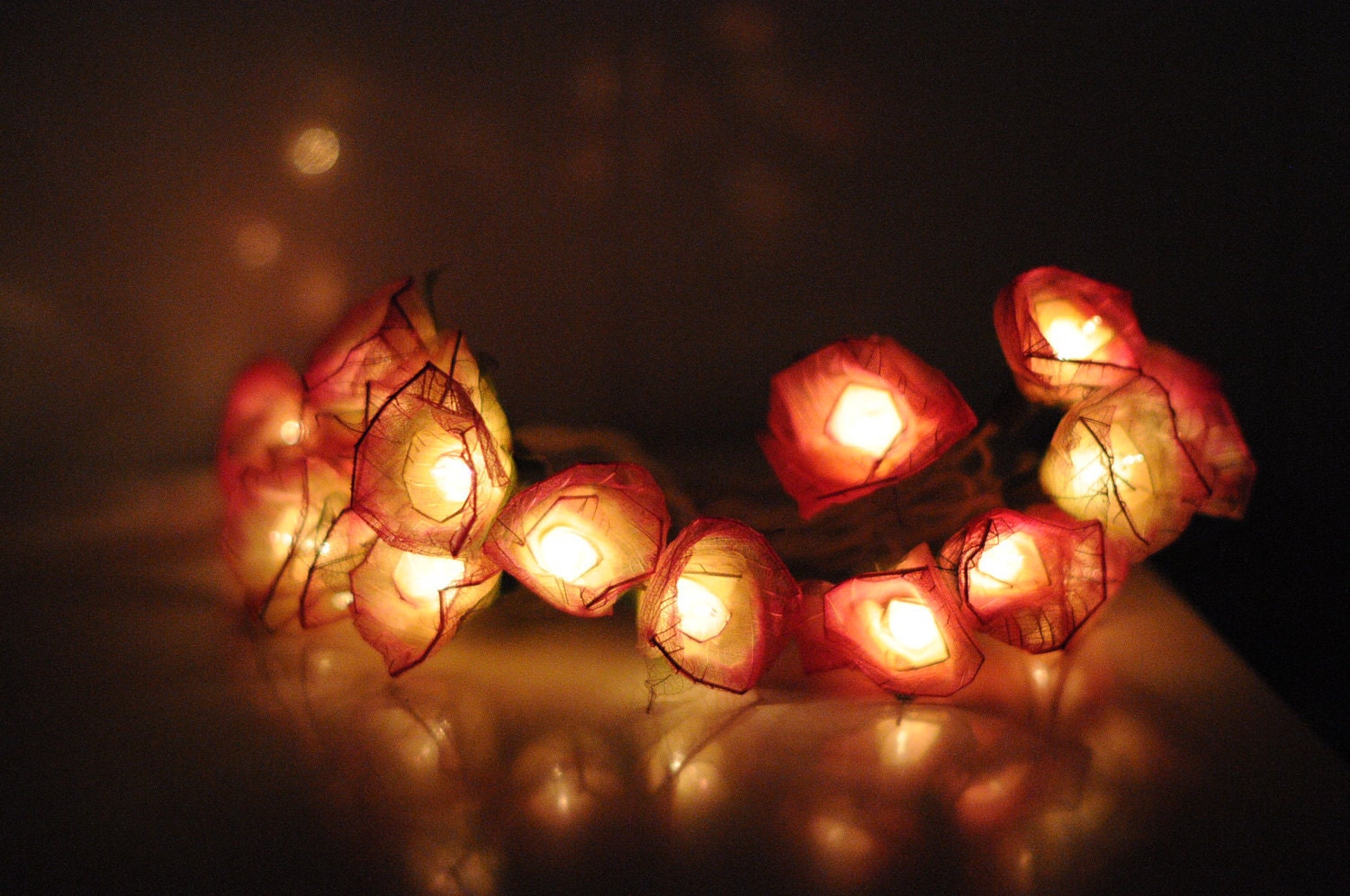 20 tiny white pink roses handmade flower wedding string light party patio function deco natural leaf