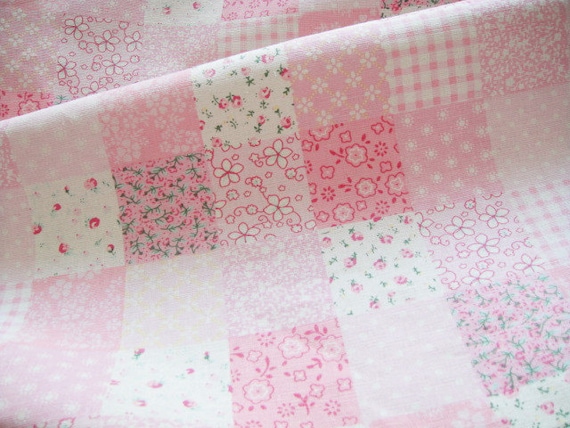 Pink Linen Fabric, Blue Fabric, Square Plaid Fabric, Floral Dots Plaid Patchwork, Pink Plaid Blue Plaid Fabric - 1/2 yard