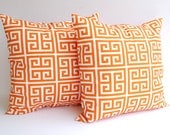 Orange throw pillow covers set of two 18 x 18 Greek Key pattern