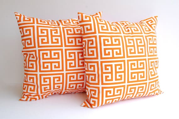 Orange throw pillow covers set of two 18 x 18 Greek Key pattern