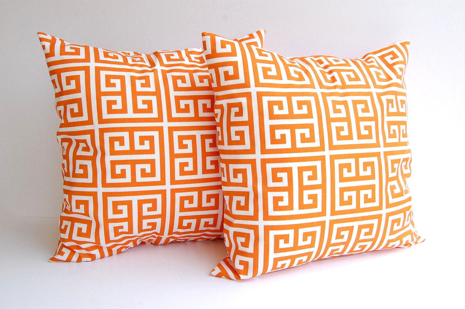 Orange throw pillow covers set of two 18 x 18 Greek Key pattern