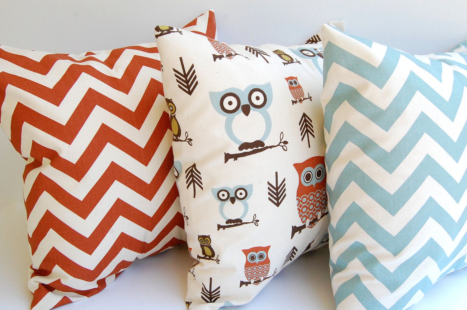 Throw pillows set of three 20" x 20" decorative pillow covers in natural, rust and light smokey blue with Owls
