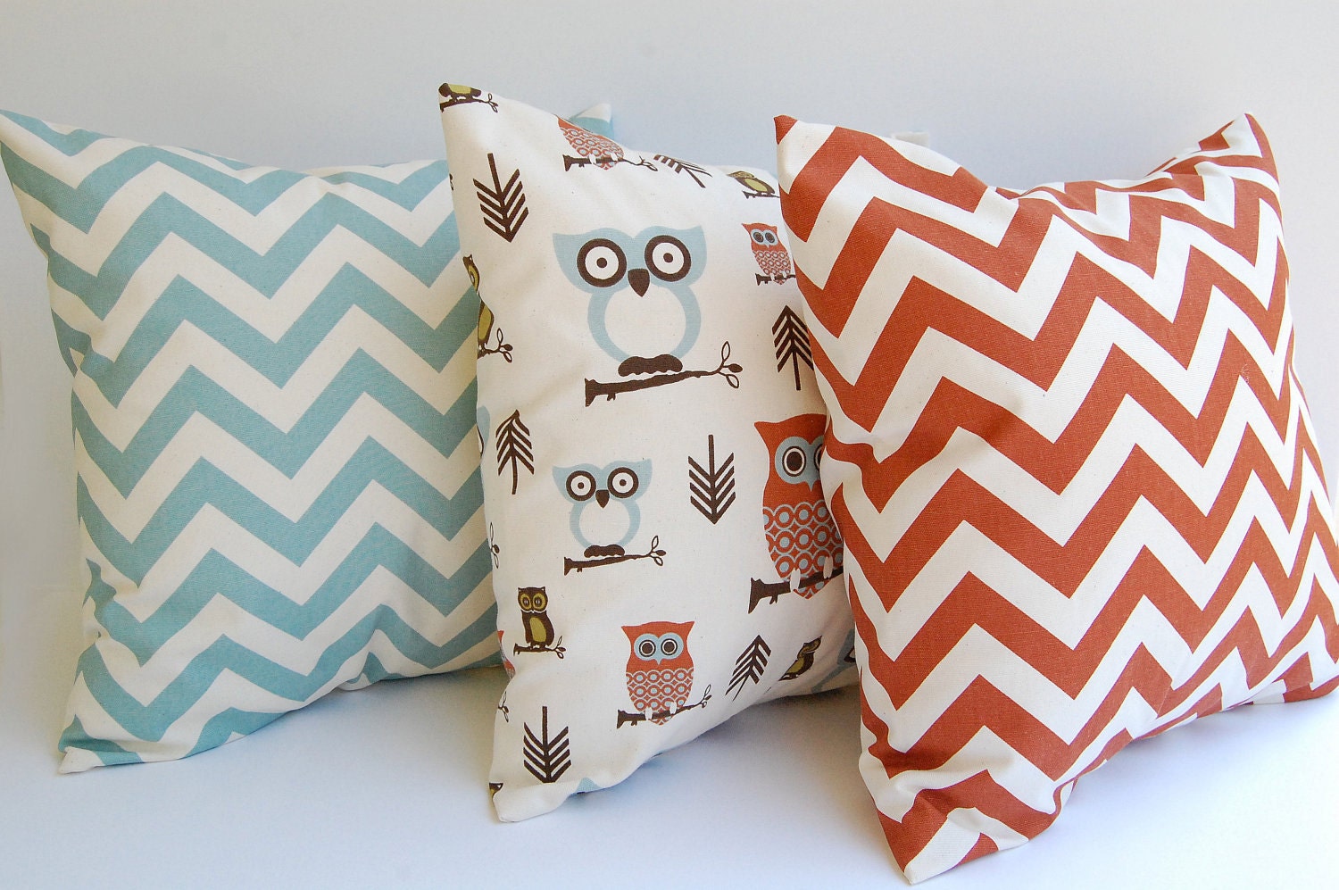 Throw pillows set of three 20" x 20" decorative pillow covers in natural, rust and light smokey blue with Owls