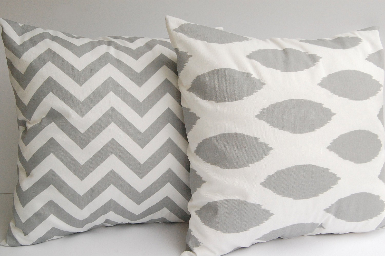 Throw pillow covers set of two 20" x 20" Storm Gray Chevron zig zag and Chipper Ikat