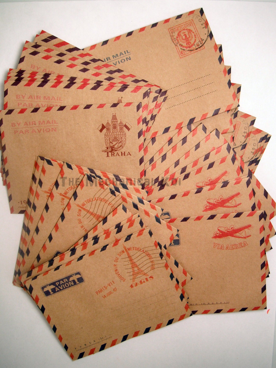 40 Mini Kraft Envelopes Airmail Vintage Style Paris Praha Italy London Par Avion Stationery Set