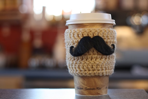 Crochet Coffee Cozy Silly Stache Sleeve Reusable in Buttercream