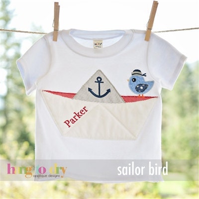 Paper Sail boat with birdie  Custom applique t-shirt or onesie