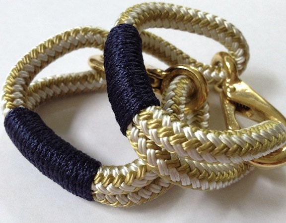 Gold and White Nautical Rope Bracelet with Navy Wrap and a Bronze clasp