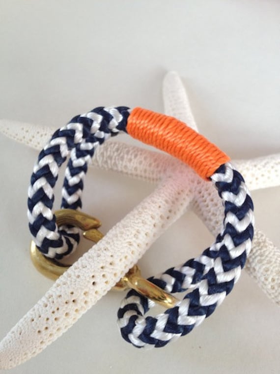 Navy & White Nautical Rope Bracelet with Orange Wrap and a Bronze Clasp