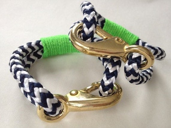 Navy & White Nautical Rope Bracelet with Lime Green Wrap and a Bronze Clasp