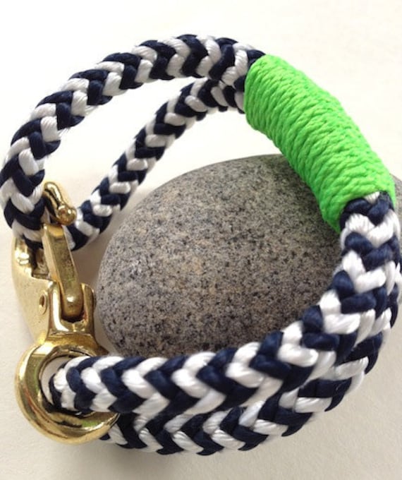 Navy & White Nautical Rope Bracelet with Lime Green Wrap and a Bronze Clasp