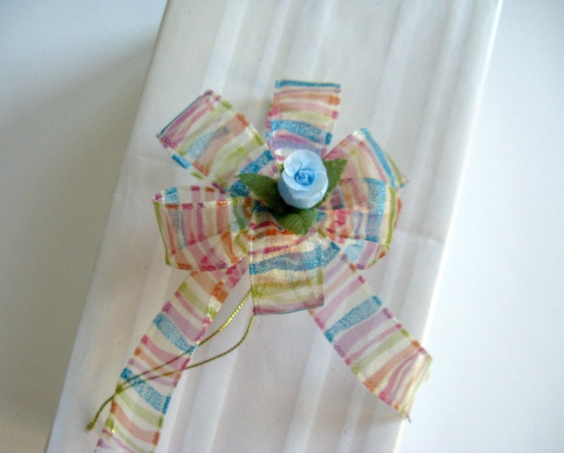 Small blue rose bud with multicolored stripe ribbon (SB3)