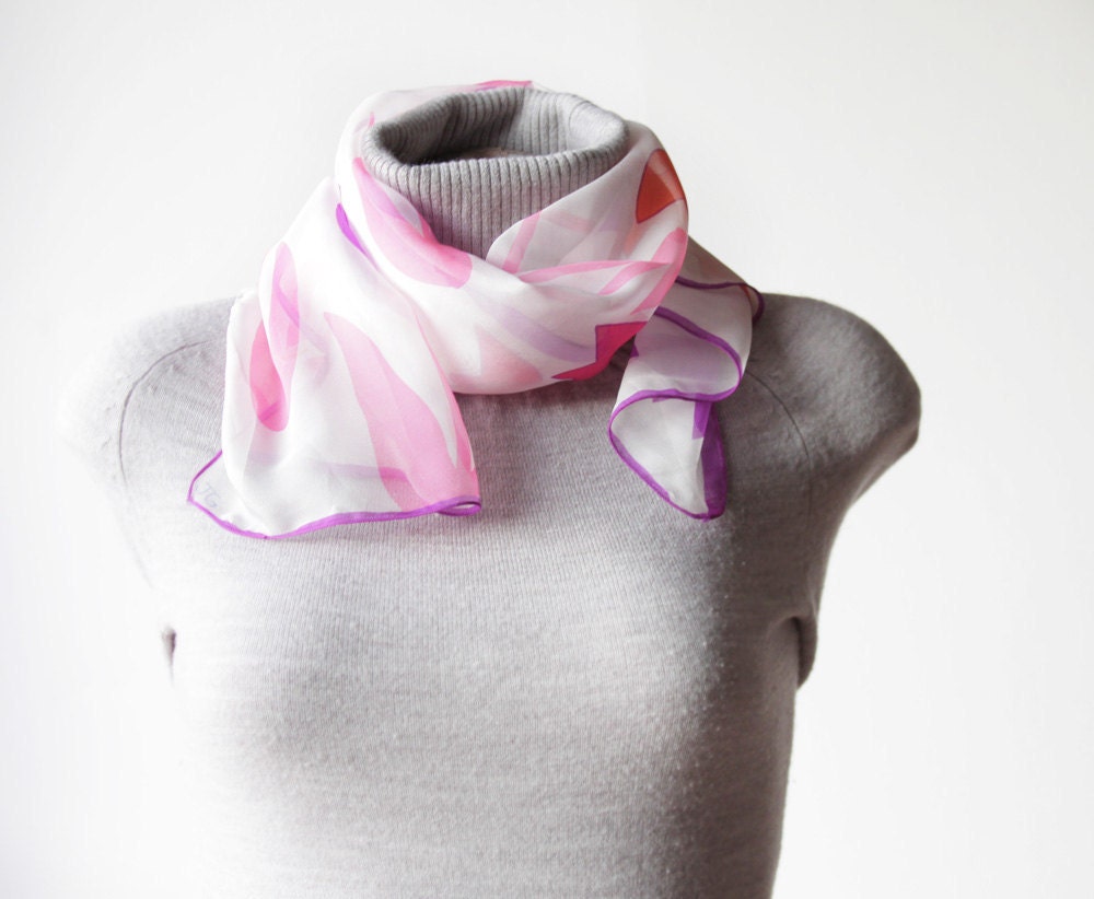 Vintage Long Scarf by JG - Floral, Tulip printed, Pink, Purple and White - 53