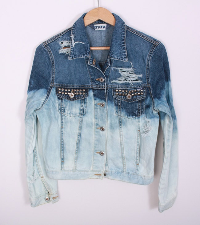OMBRE Acid Wash JACKET Jeans Vintage DIY Denim Blue White Studded 90s