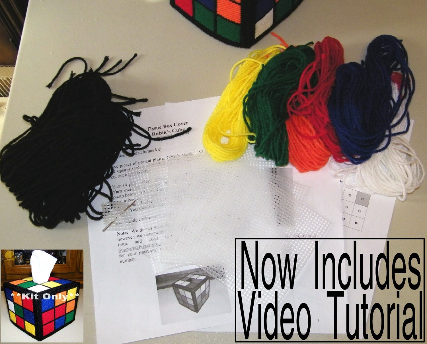 Rubiks Cube Tissue Box Cover Kit - All Materials,Video & Pattern Only. Big Bang Theory Rubix Rubic Authentic Colors Extra Yarn Provided