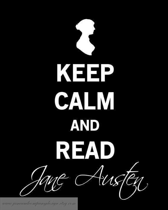 Keep Calm and Read Jane Austen Print, Vintage Inspired Typography Wall Art,  Literature Poster, Steampunk, Typographic Print, 8x10