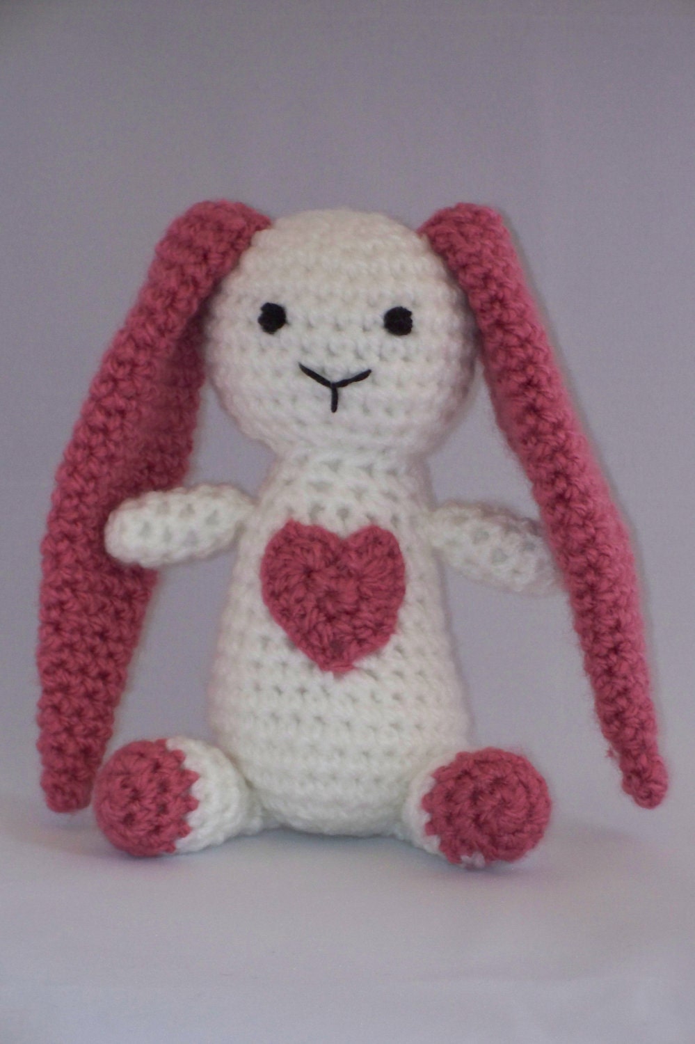 Crochet Bunny with a Big Heart, Stuffed Toy,  Rose Pink and White, Baby, Baby Shower Gift