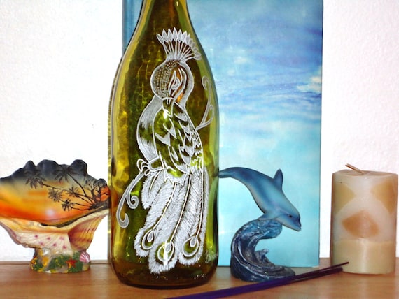 Incense burner Glass bottle- Hand Etched- Free Shipping- Peacock