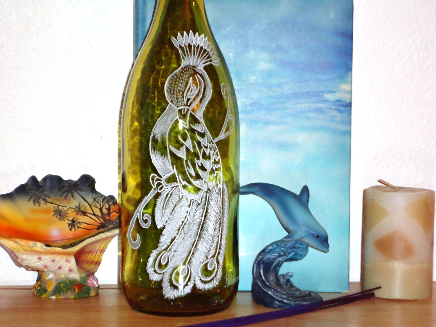 Incense burner Glass bottle- Hand Etched- Free Shipping- Peacock