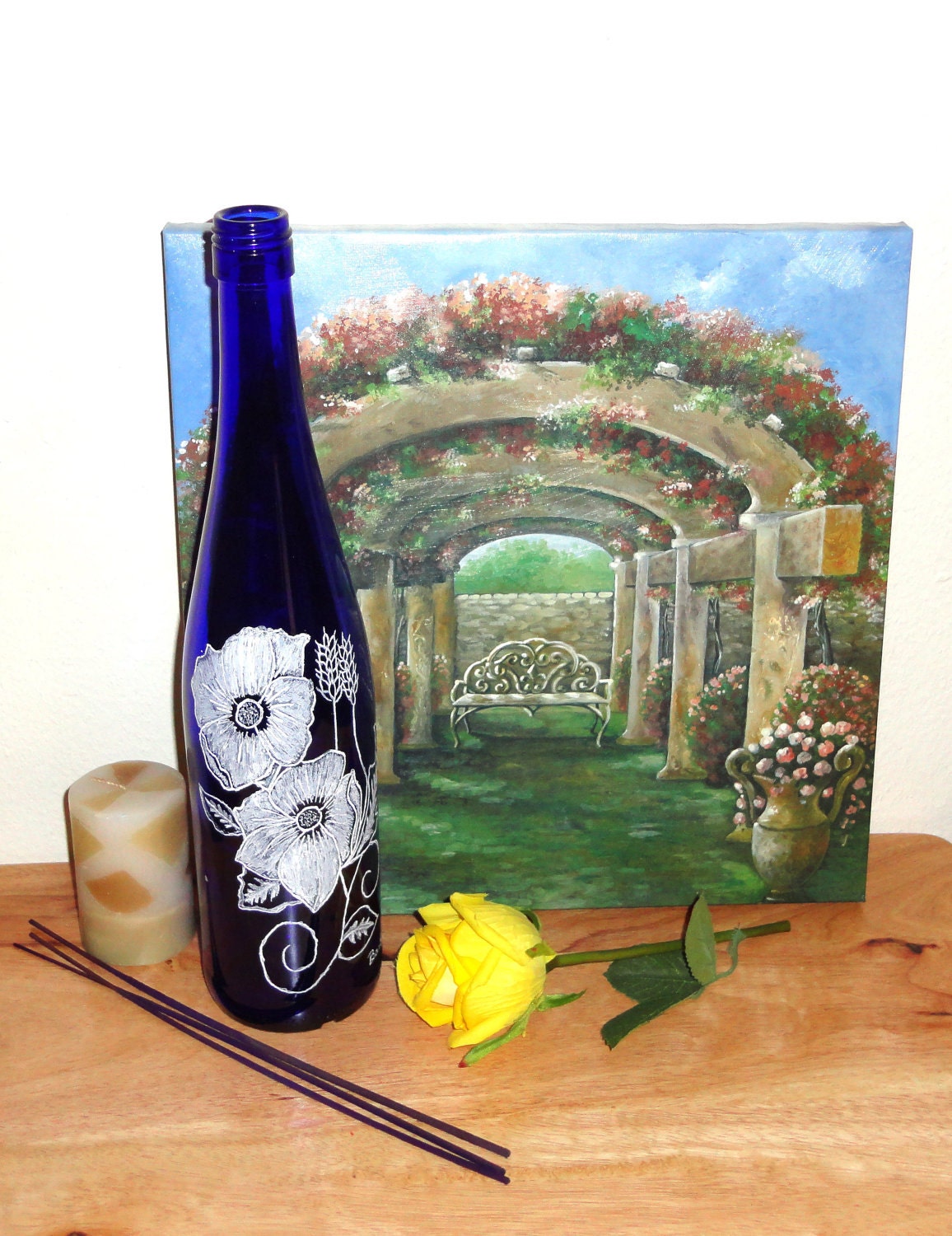 Glass bottle Incense burner - Hand Etched- Free Shipping- Blue Skies and Poppies