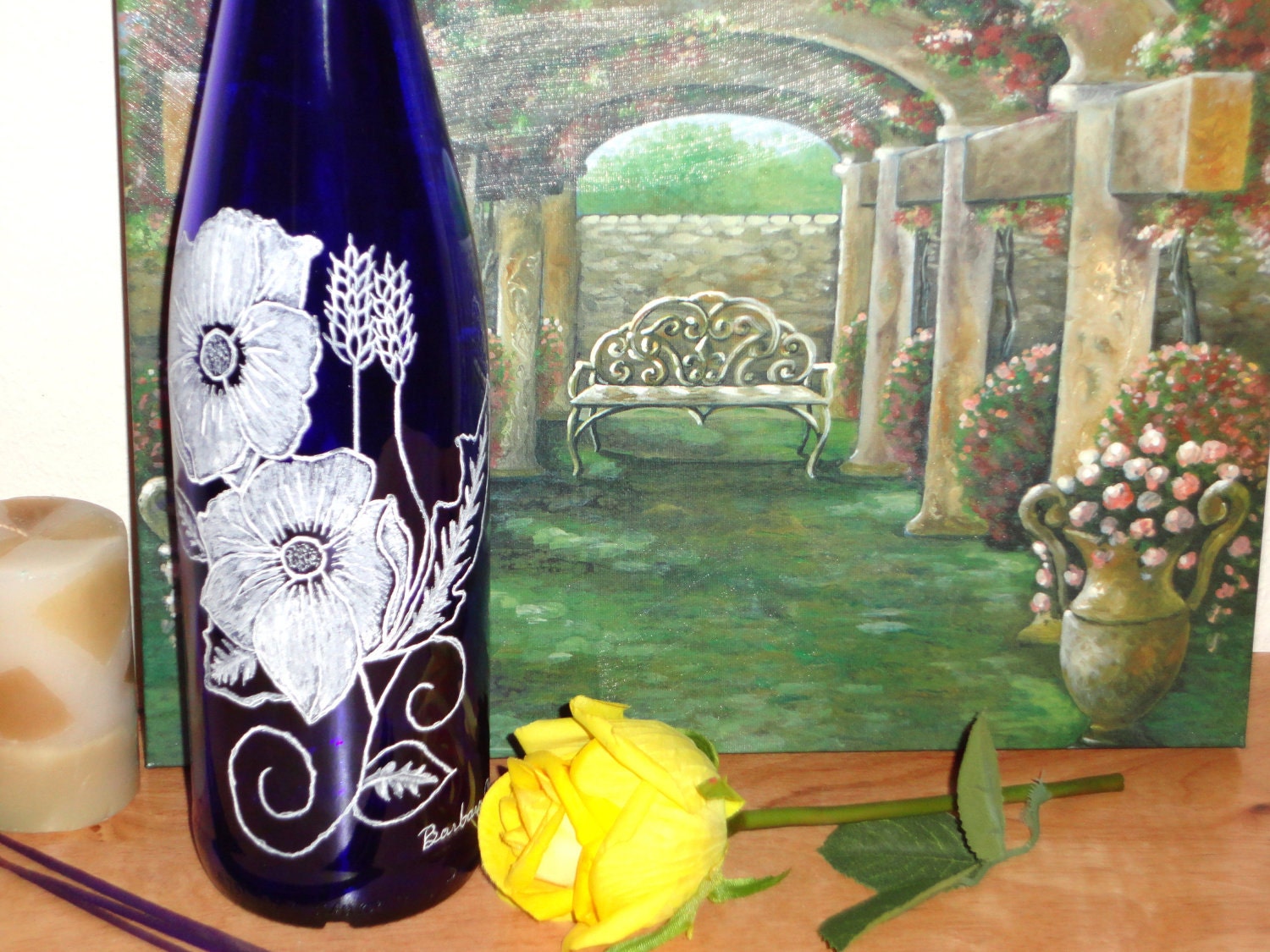 Glass bottle Incense burner - Hand Etched- Free Shipping- Blue Skies and Poppies