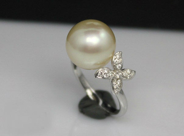 10-11mm South Sea Pearl Engagement Ring, Diamonds, 14K White Gold