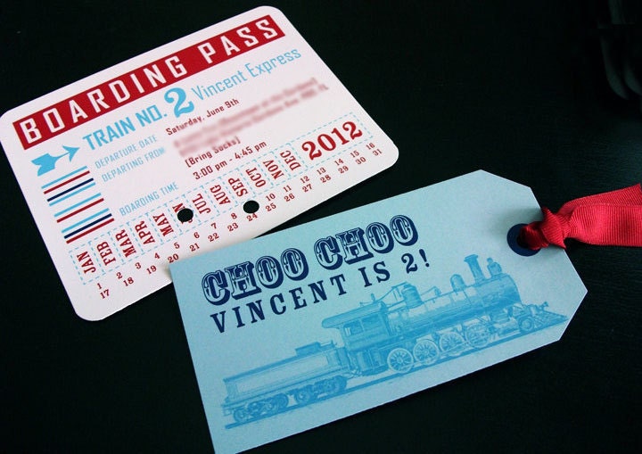 Train themed birthday invitations with tag and envelope