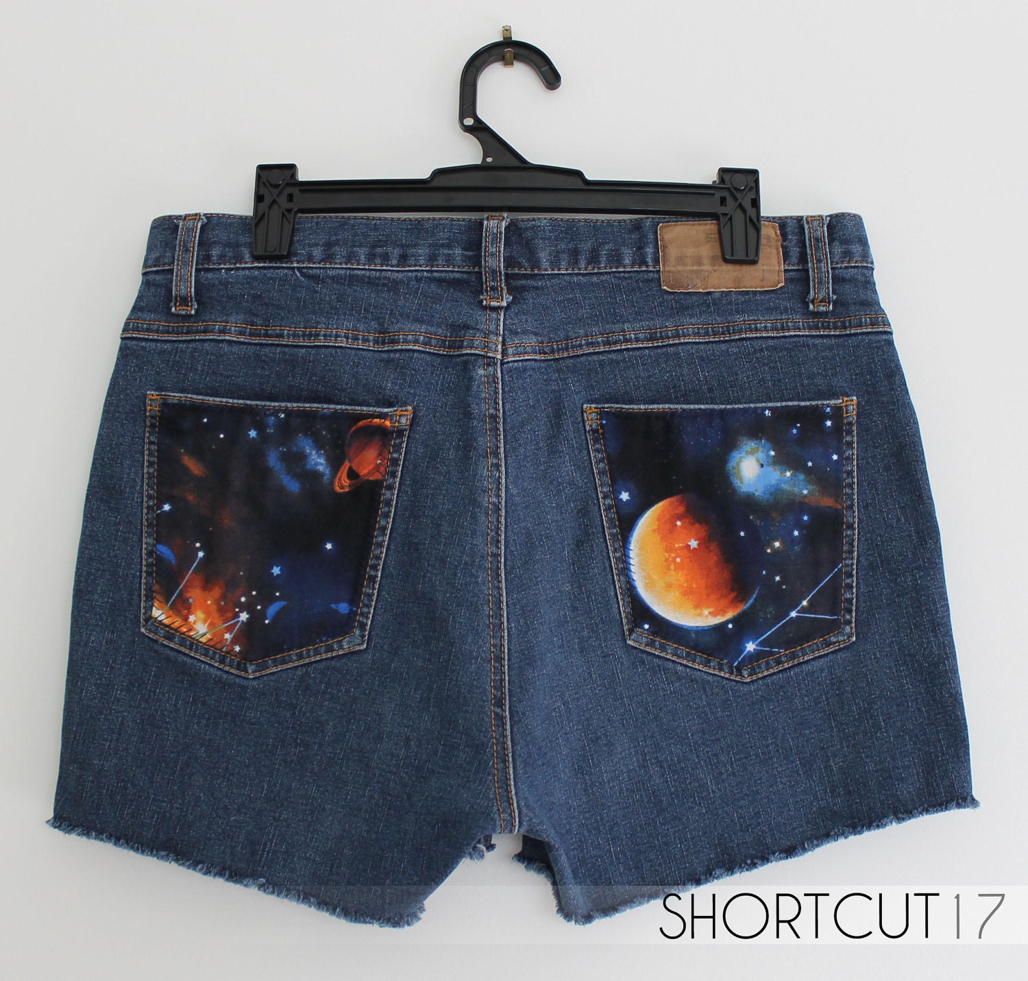20% OFF SALE Stretch Denim Blue Galaxy Constellation Pocket Patch & Hand Painted Cut Off Shorts, Space Odyssey Collection, M