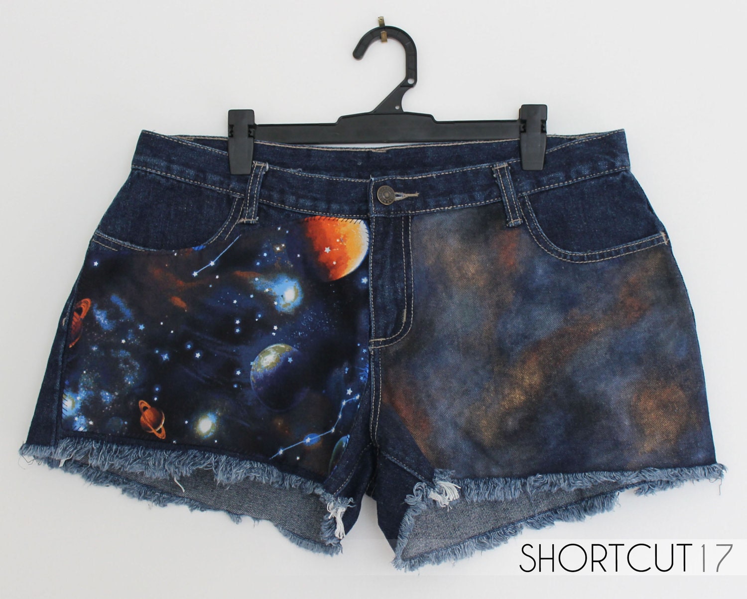 20% OFF SALE Dark Denim Galaxy Constellation & Metallic Hand Painted Cut Off Shorts, Space Odyssey Collection, L